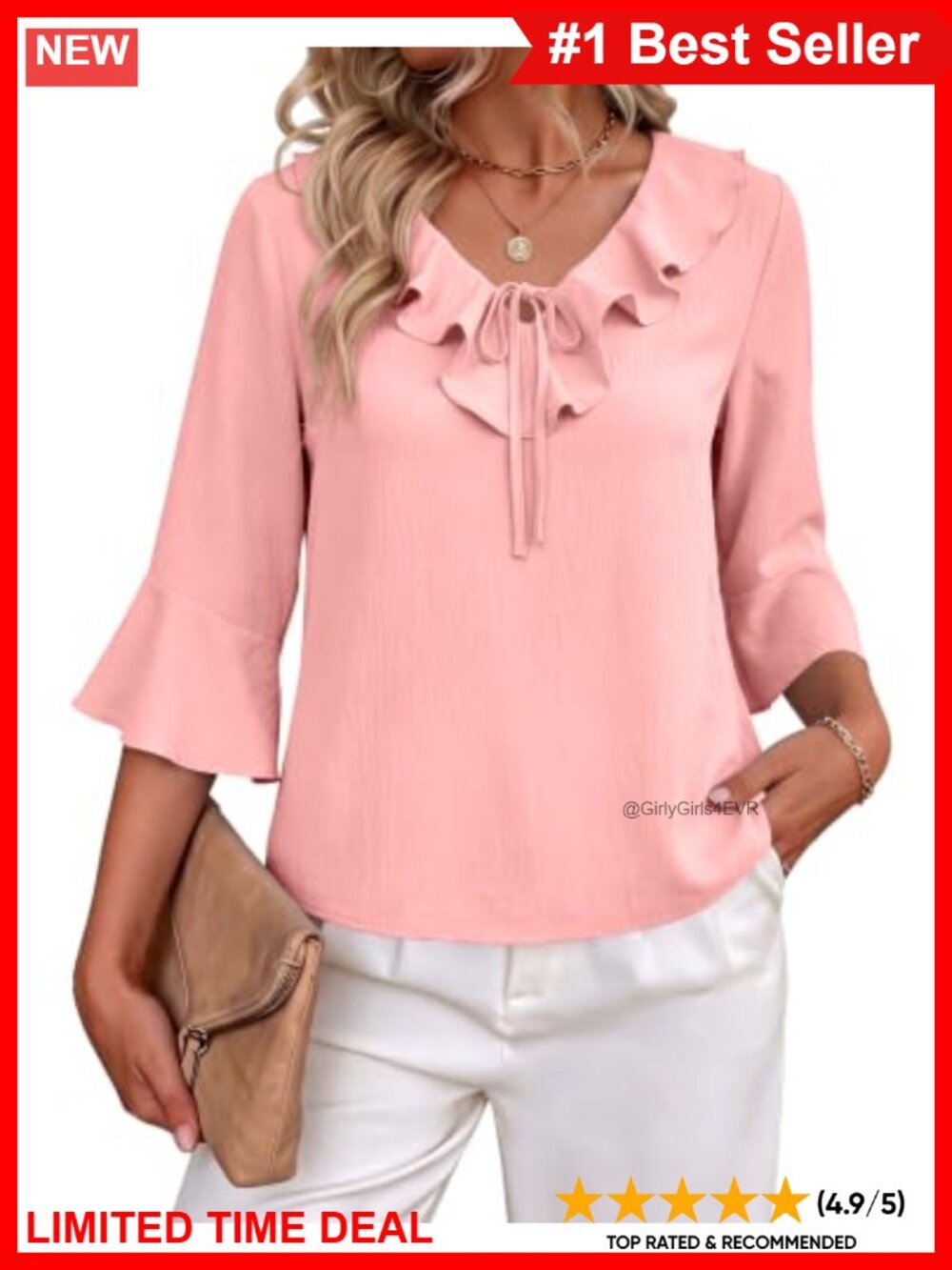 Womens Dressy Casual V Neck Ruffle 3/4 Sleeve Blouse Crinkle Viscose Top
